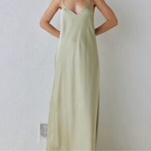 Satin V-Neck Maxi Slip Dress in Sage Green